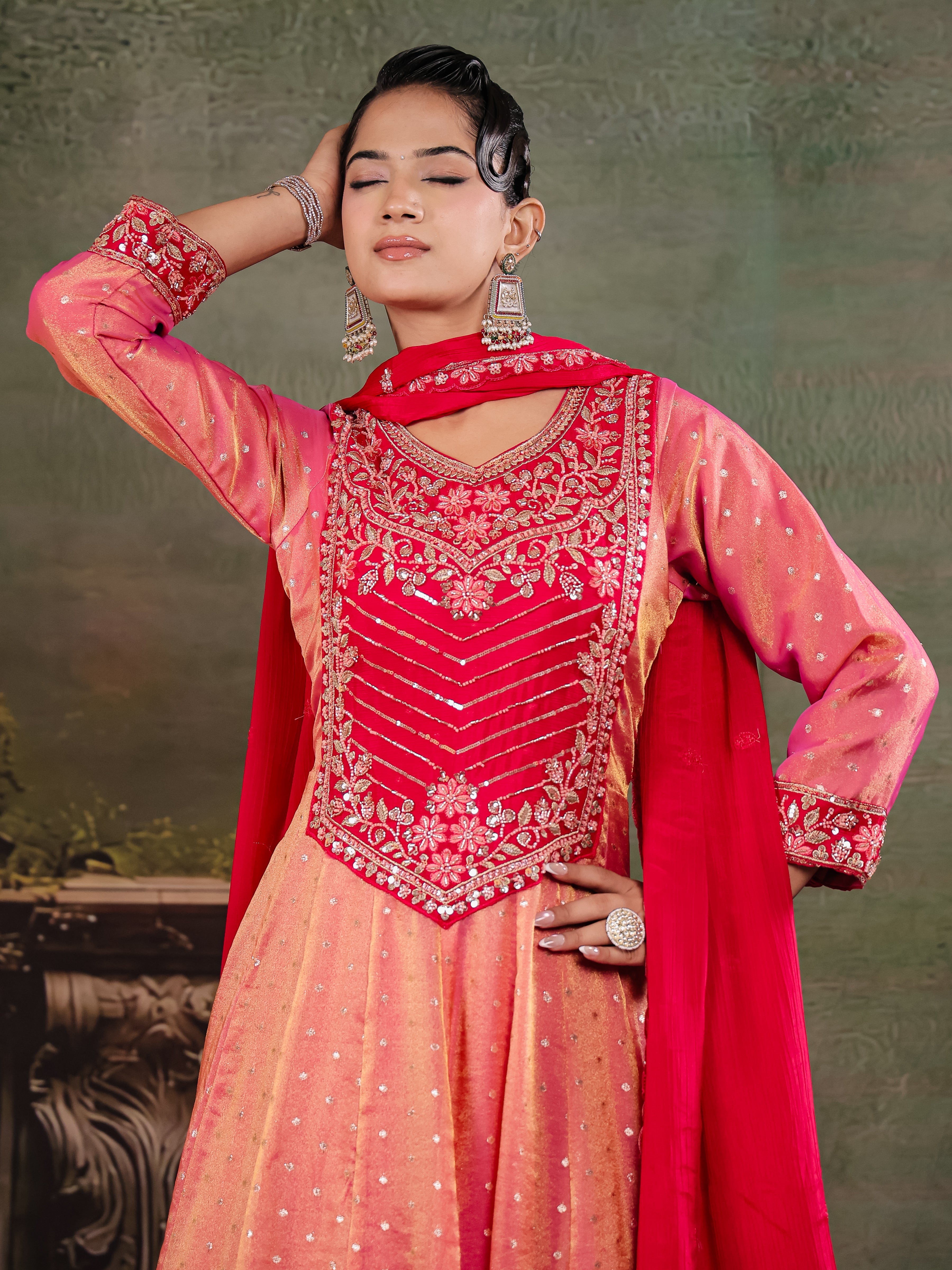Peach & Rani Pink Embroidered Anarkali Suit Set with Matching Dupatta