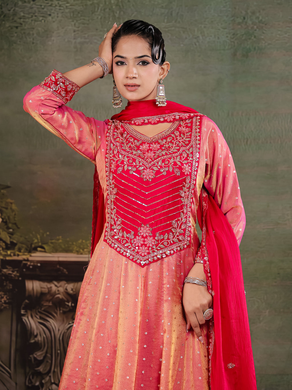 Peach & Rani Pink Embroidered Anarkali Suit Set with Matching Dupatta
