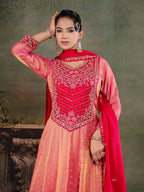 Peach & Rani Pink Embroidered Anarkali Suit Set with Matching Dupatta