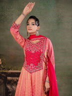 Peach & Rani Pink Embroidered Anarkali Suit Set with Matching Dupatta