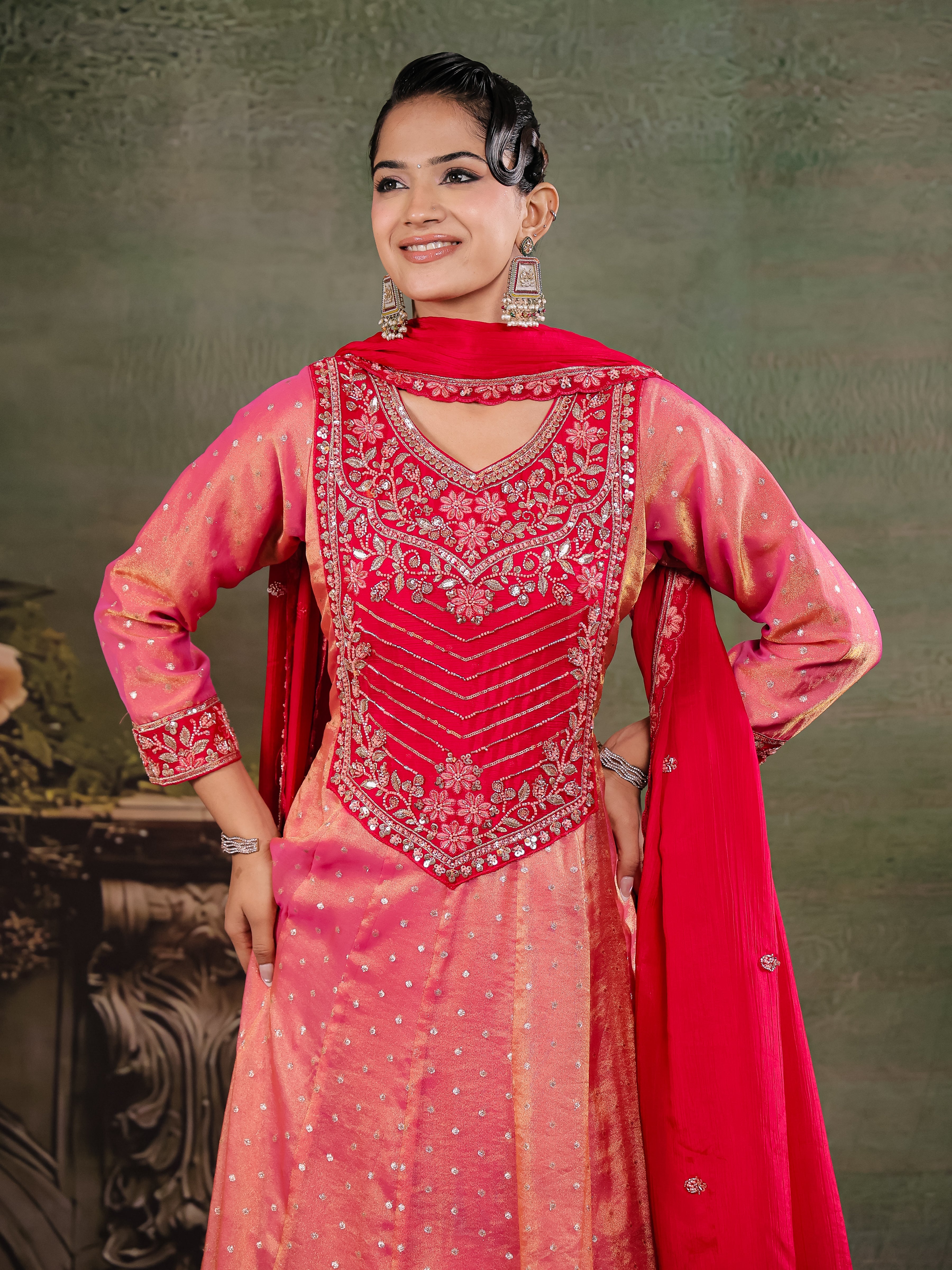 Peach & Rani Pink Embroidered Anarkali Suit Set with Matching Dupatta