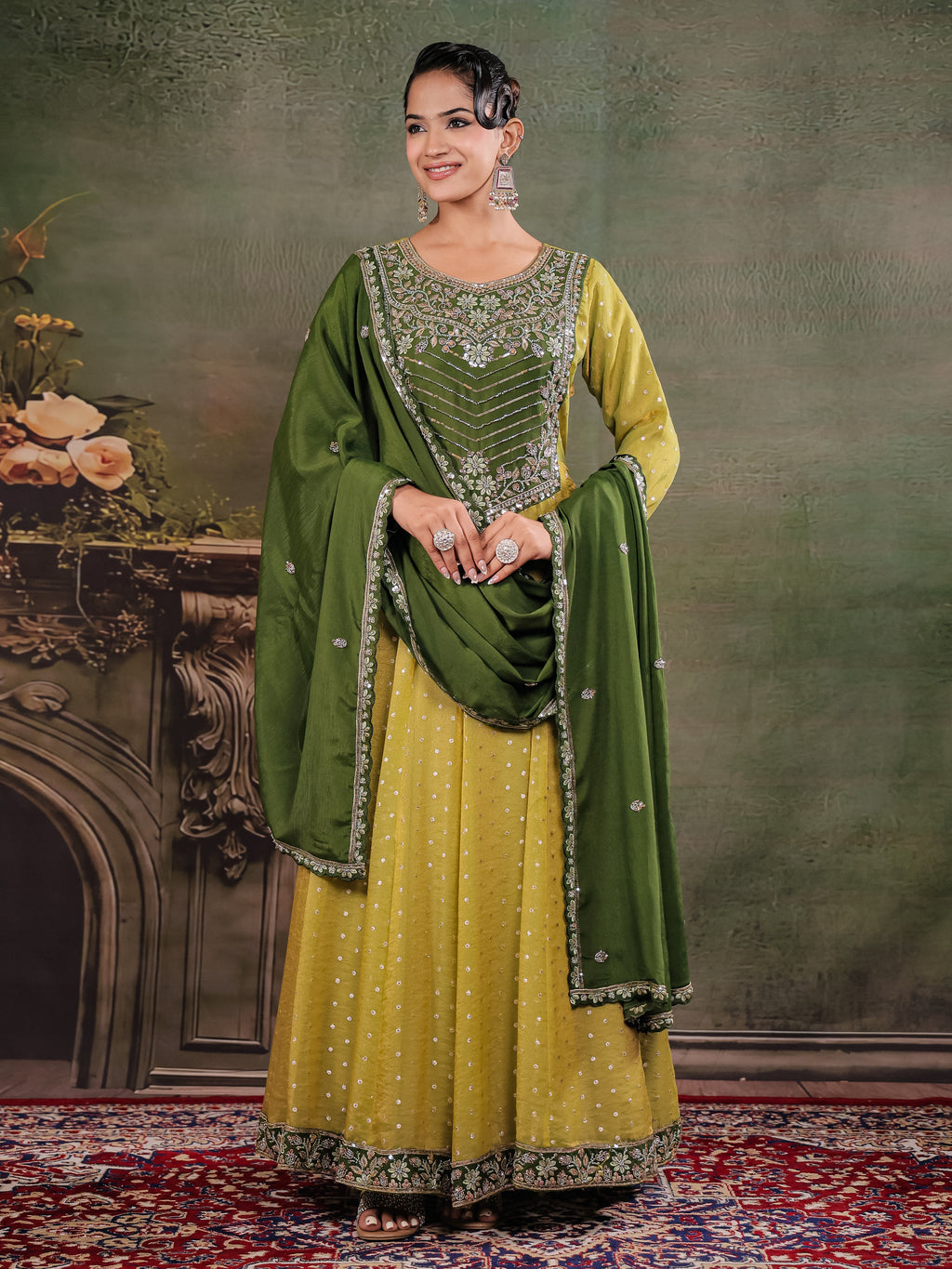 Olive Green & Lime Yellow Embroidered Anarkali Suit Set with Matching Dupatta