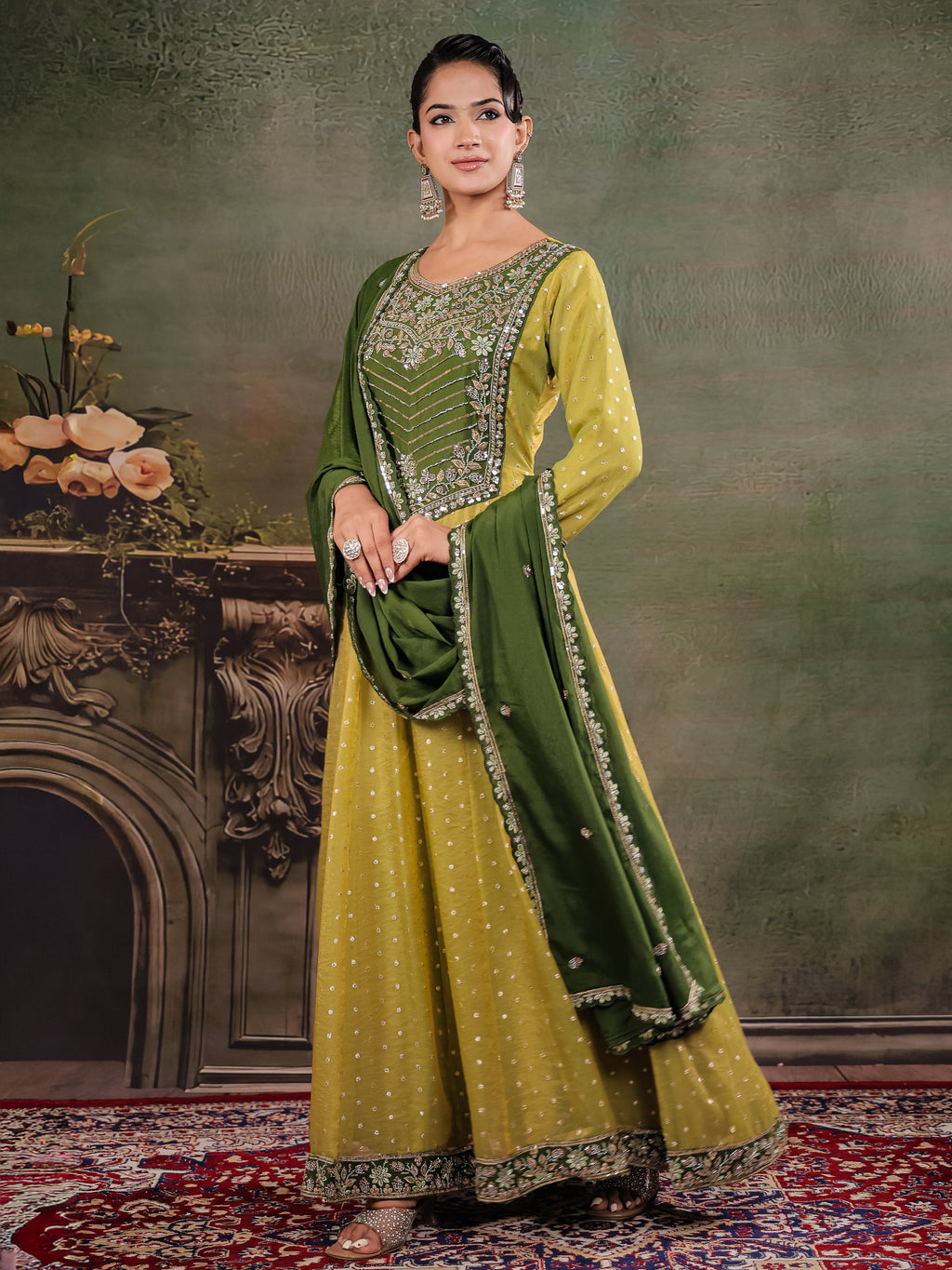 Olive Green & Lime Yellow Embroidered Anarkali Suit Set with Matching Dupatta