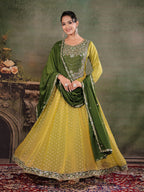 Olive Green & Lime Yellow Embroidered Anarkali Suit Set with Matching Dupatta
