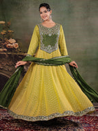 Olive Green & Lime Yellow Embroidered Anarkali Suit Set with Matching Dupatta