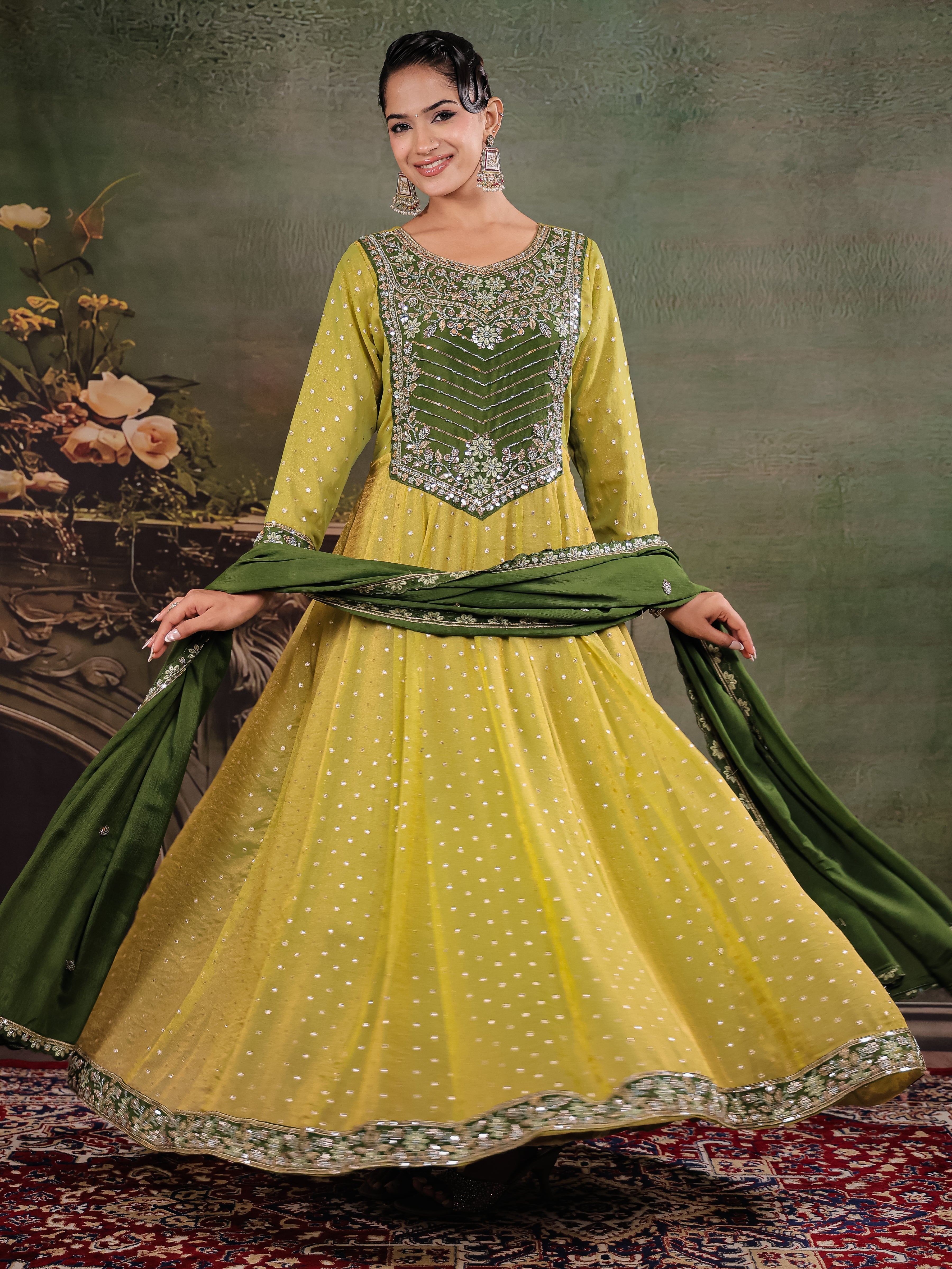 Olive Green & Lime Yellow Embroidered Anarkali Suit Set with Matching Dupatta