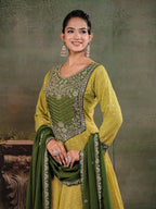 Olive Green & Lime Yellow Embroidered Anarkali Suit Set with Matching Dupatta