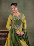 Olive Green & Lime Yellow Embroidered Anarkali Suit Set with Matching Dupatta