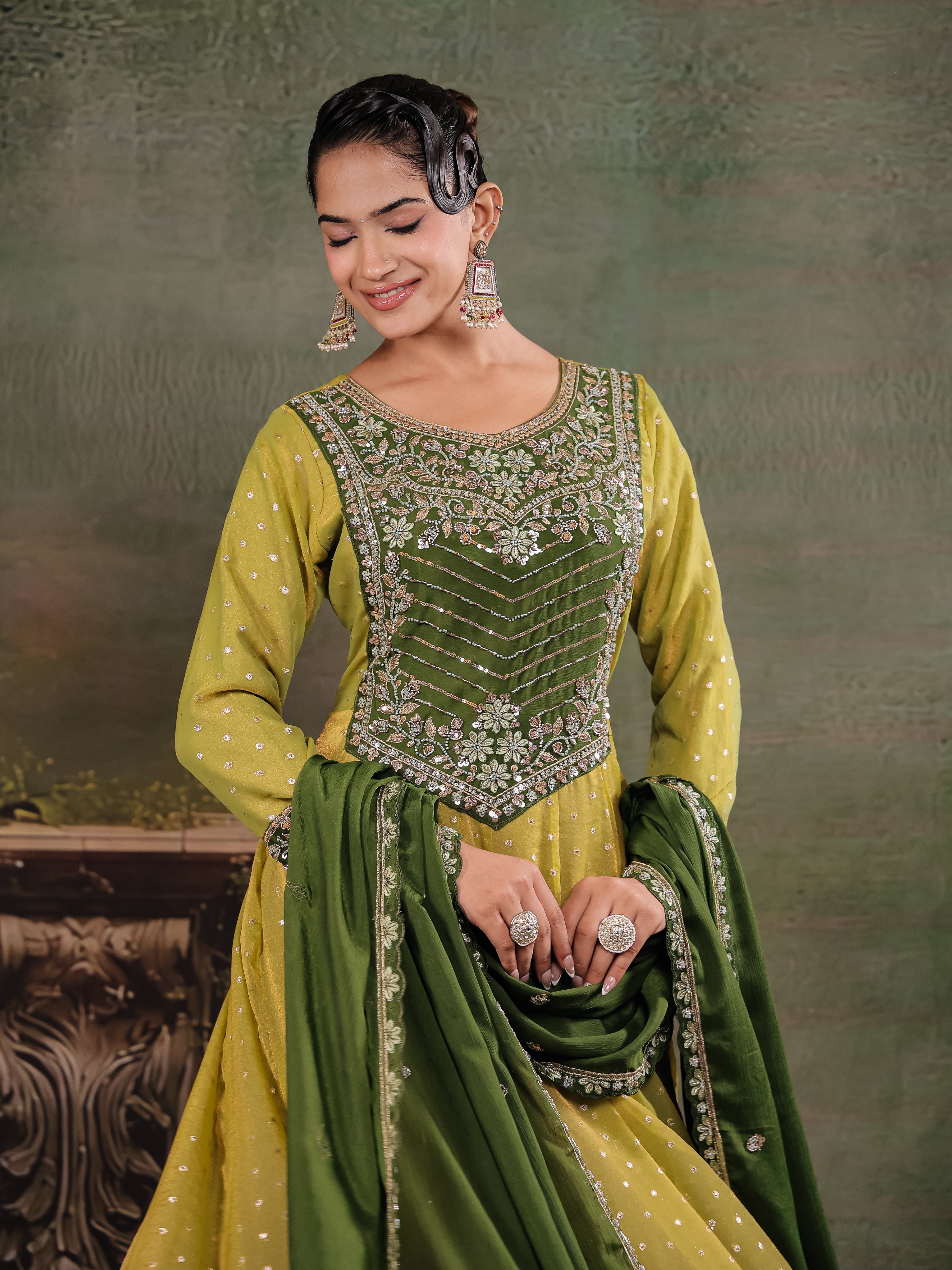 Olive Green & Lime Yellow Embroidered Anarkali Suit Set with Matching Dupatta