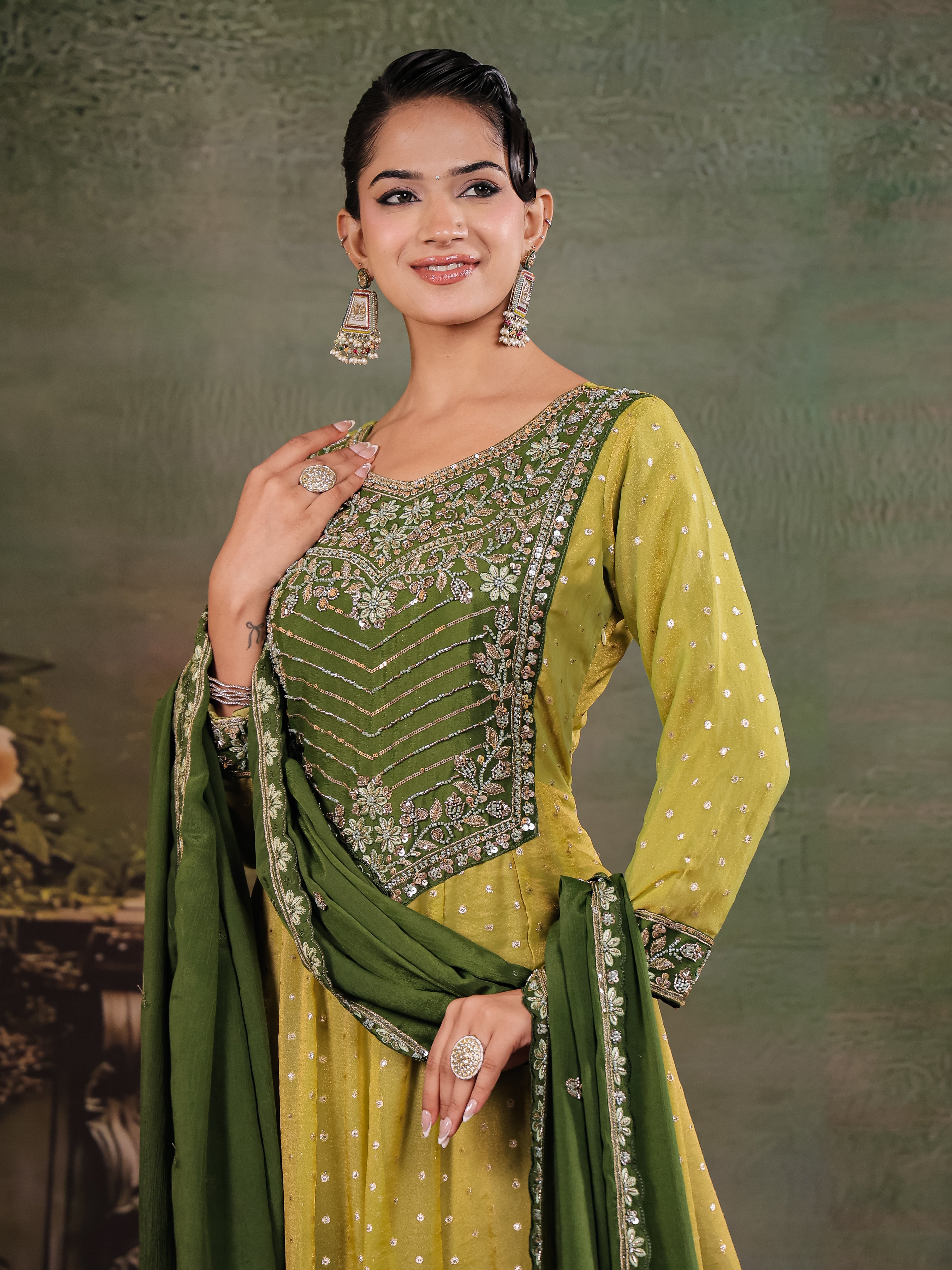 Olive Green & Lime Yellow Embroidered Anarkali Suit Set with Matching Dupatta