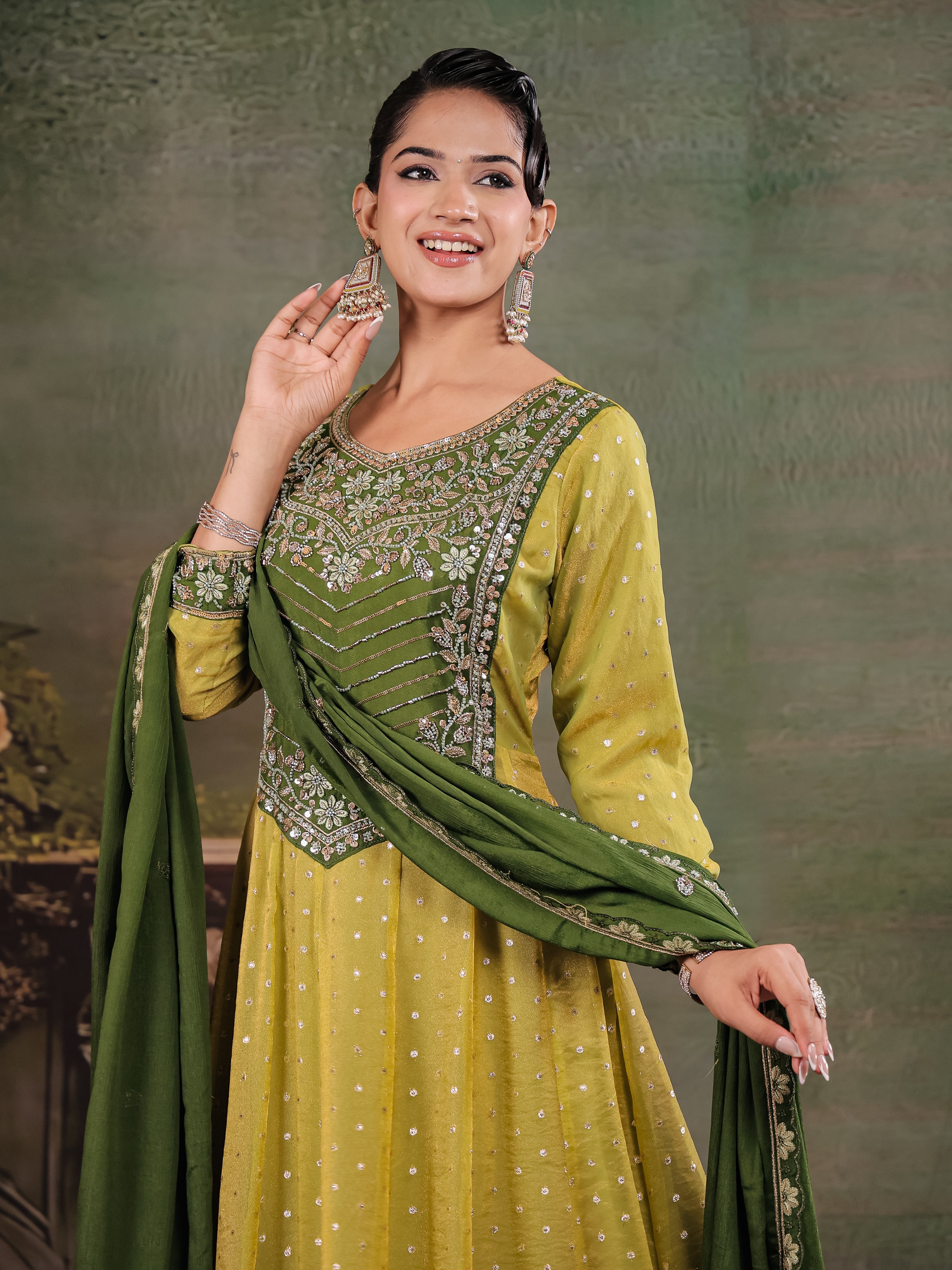 Olive Green & Lime Yellow Embroidered Anarkali Suit Set with Matching Dupatta