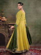 Olive Green & Lime Yellow Embroidered Anarkali Suit Set with Matching Dupatta