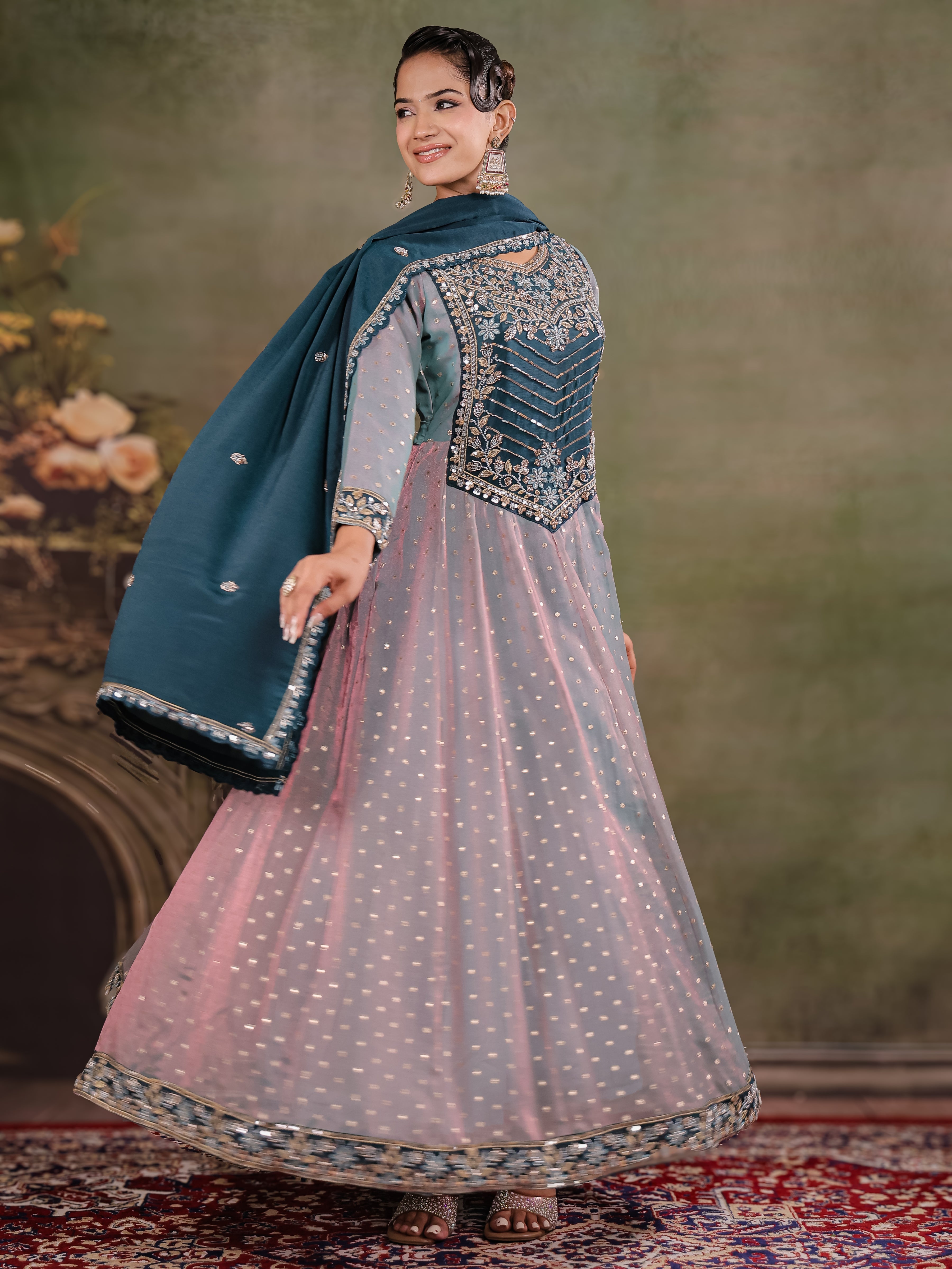 Dusty Lavender & Teal Blue Embroidered Anarkali Suit Set with Matching Dupatta