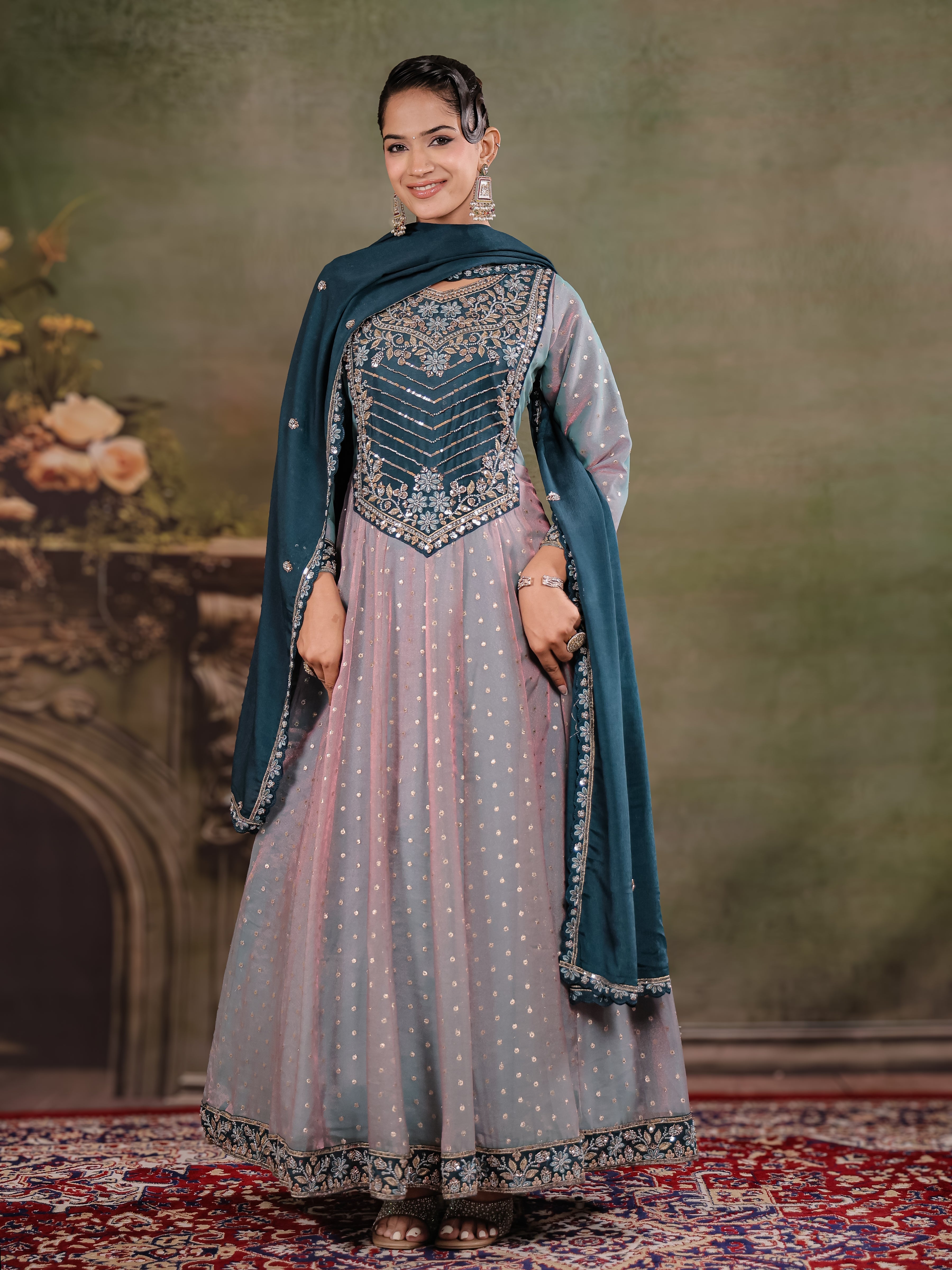 Dusty Lavender & Teal Blue Embroidered Anarkali Suit Set with Matching Dupatta