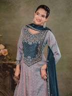 Dusty Lavender & Teal Blue Embroidered Anarkali Suit Set with Matching Dupatta