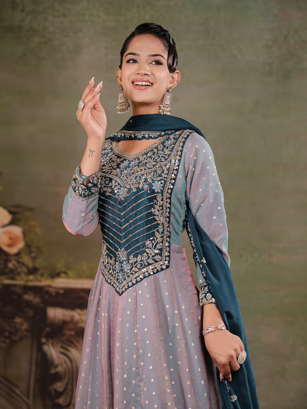 Dusty Lavender & Teal Blue Embroidered Anarkali Suit Set with Matching Dupatta