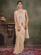 Champagne Beige Designer Ready-to-Wear Saree with Embroidered Jacket & Sequined Blouse