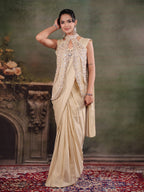 Champagne Beige Designer Ready-to-Wear Saree with Embroidered Jacket & Sequined Blouse