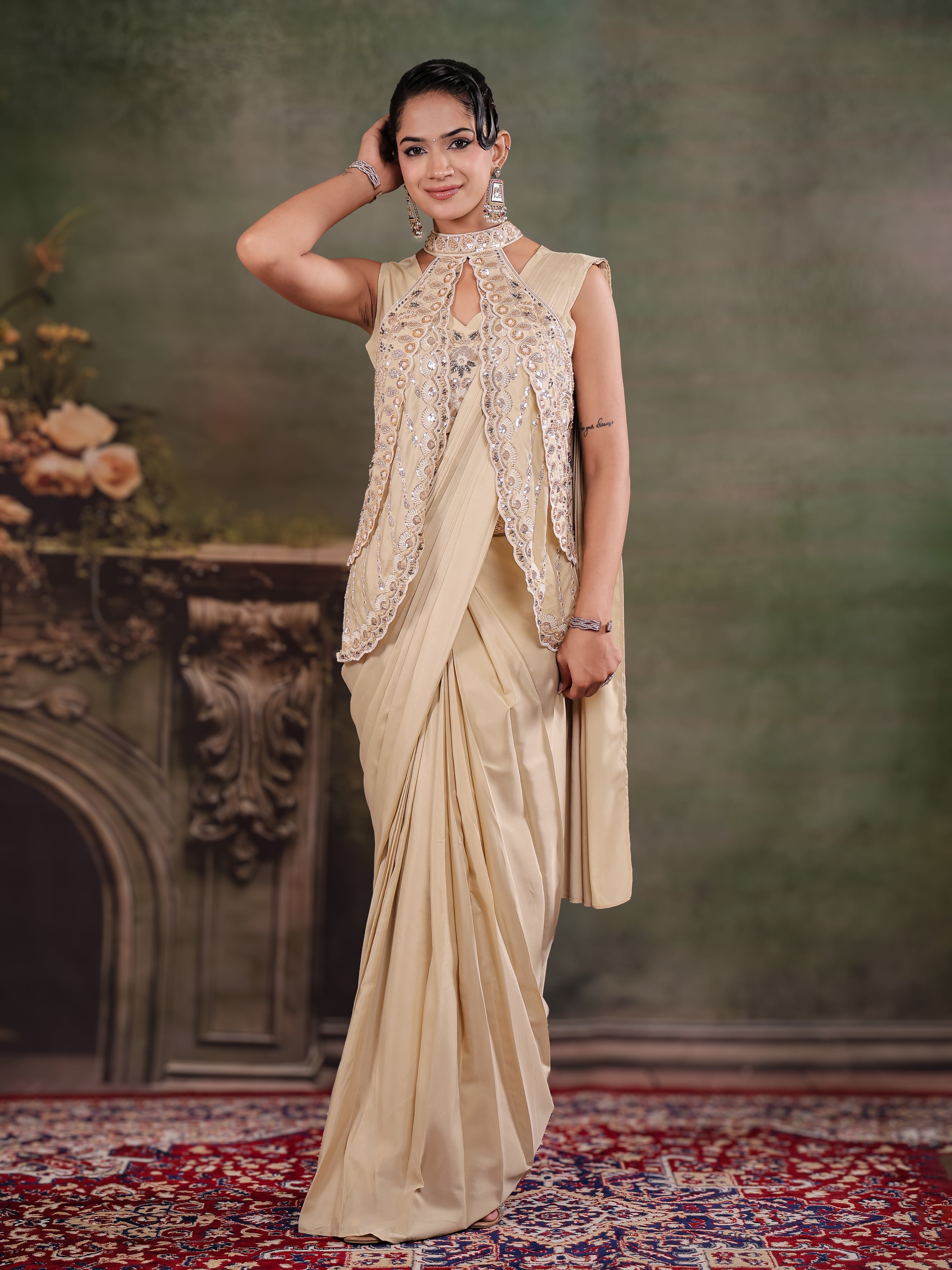Champagne Beige Designer Ready-to-Wear Saree with Embroidered Jacket & Sequined Blouse