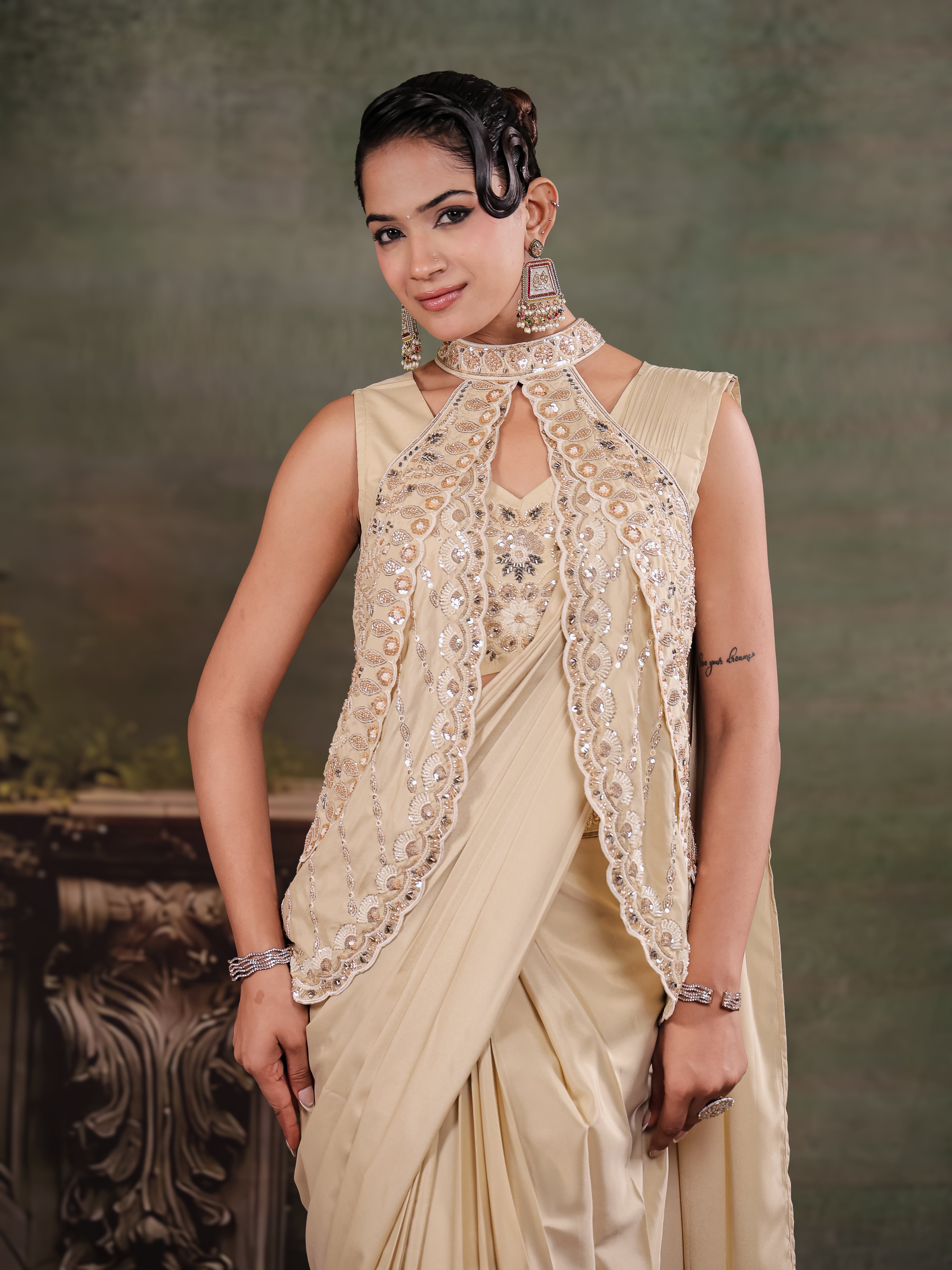 Champagne Beige Designer Ready-to-Wear Saree with Embroidered Jacket & Sequined Blouse
