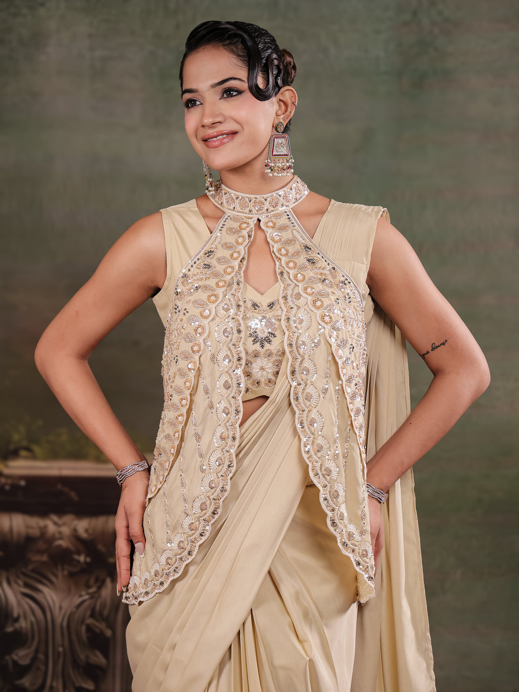 Champagne Beige Designer Ready-to-Wear Saree with Embroidered Jacket & Sequined Blouse