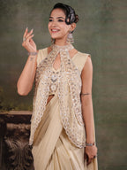 Champagne Beige Designer Ready-to-Wear Saree with Embroidered Jacket & Sequined Blouse
