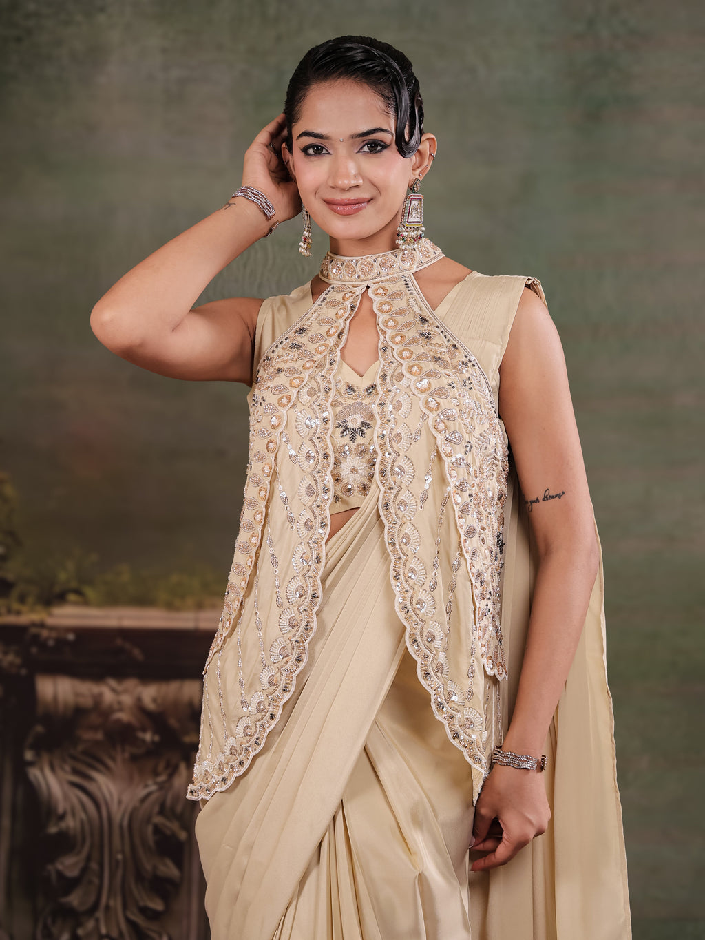 Champagne Beige Designer Ready-to-Wear Saree with Embroidered Jacket & Sequined Blouse