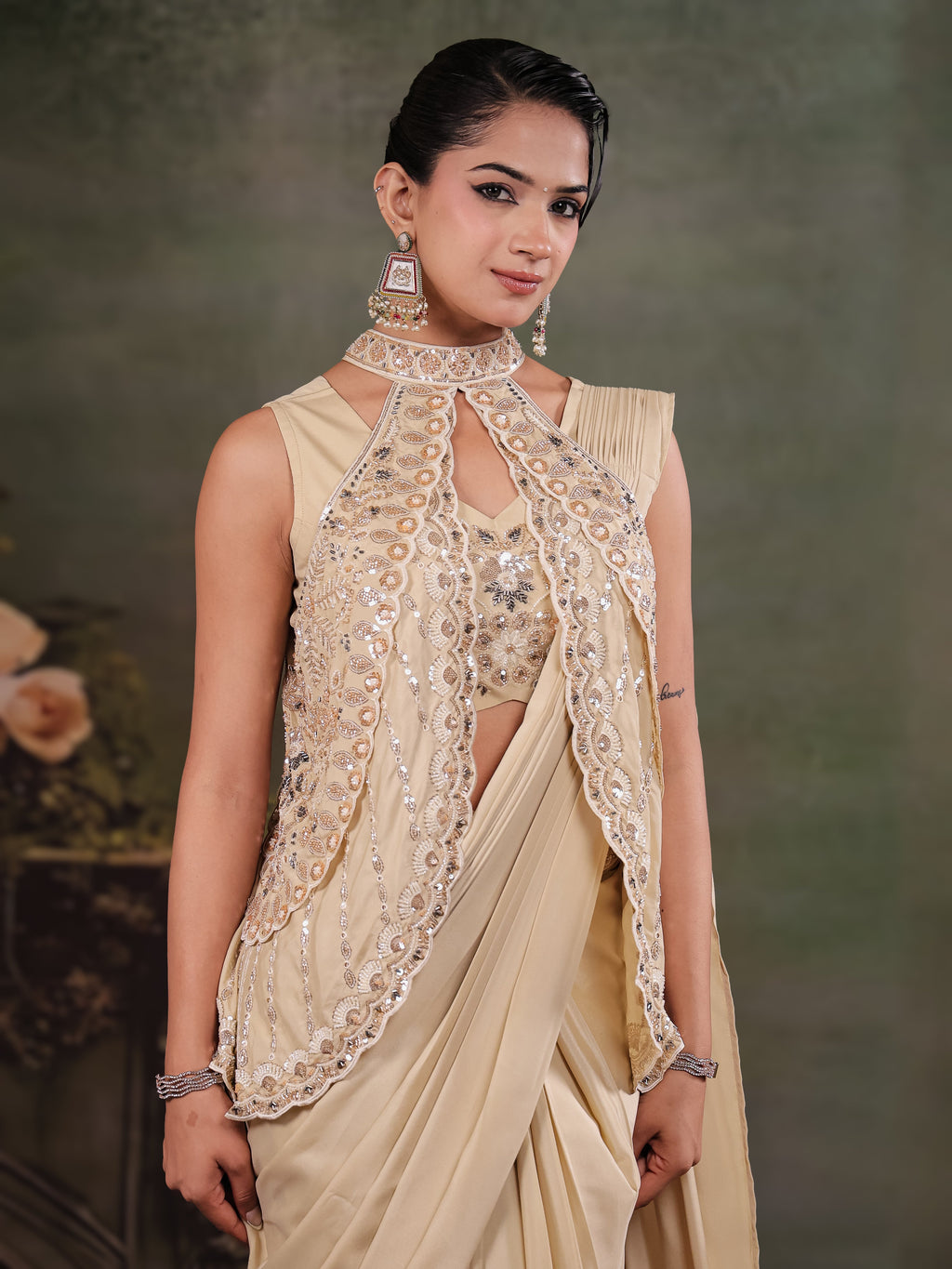 Champagne Beige Designer Ready-to-Wear Saree with Embroidered Jacket & Sequined Blouse