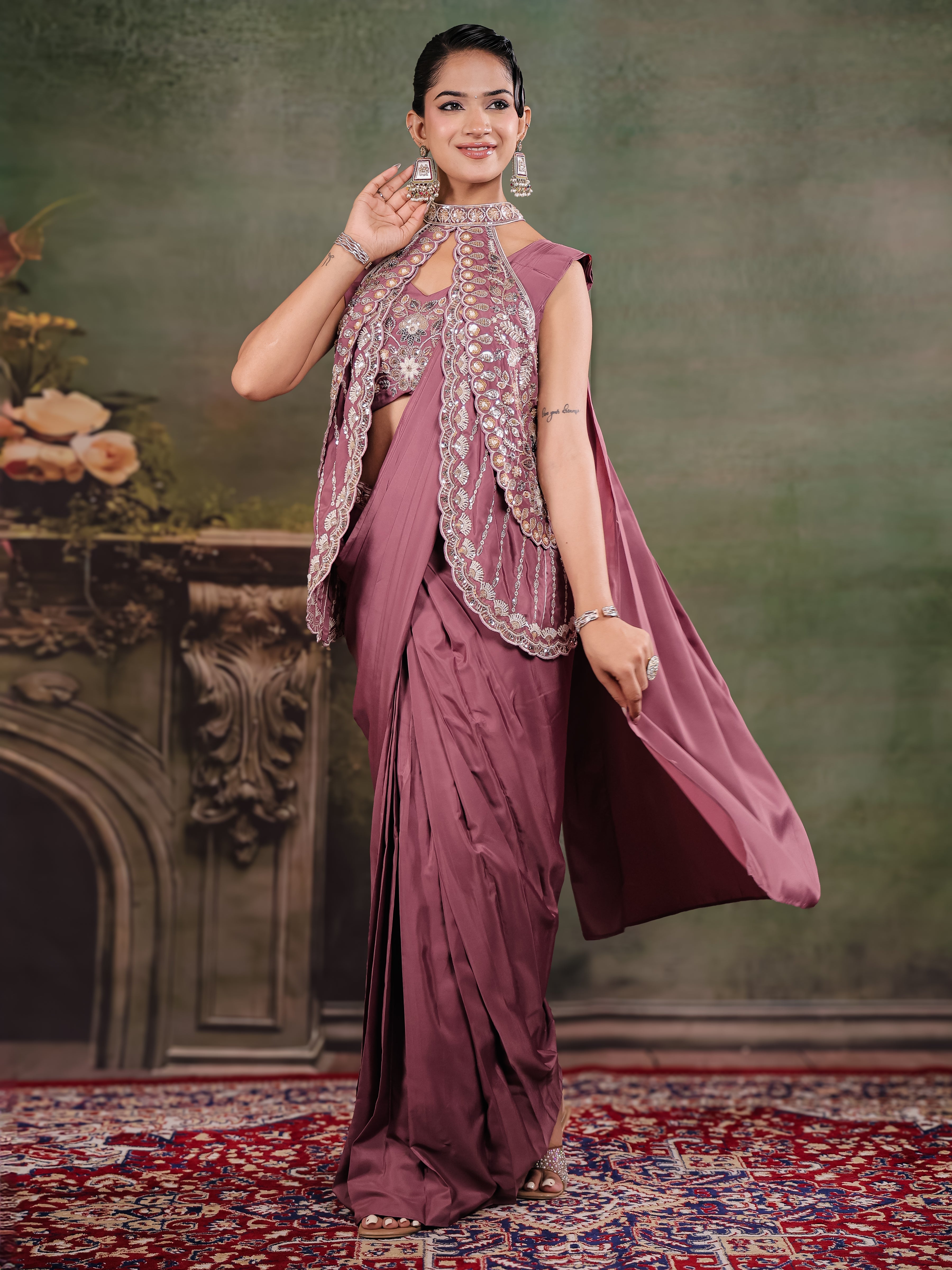 Dusty Mauve Designer Ready-to-Wear Saree with Embroidered Jacket & Sequined Blouse