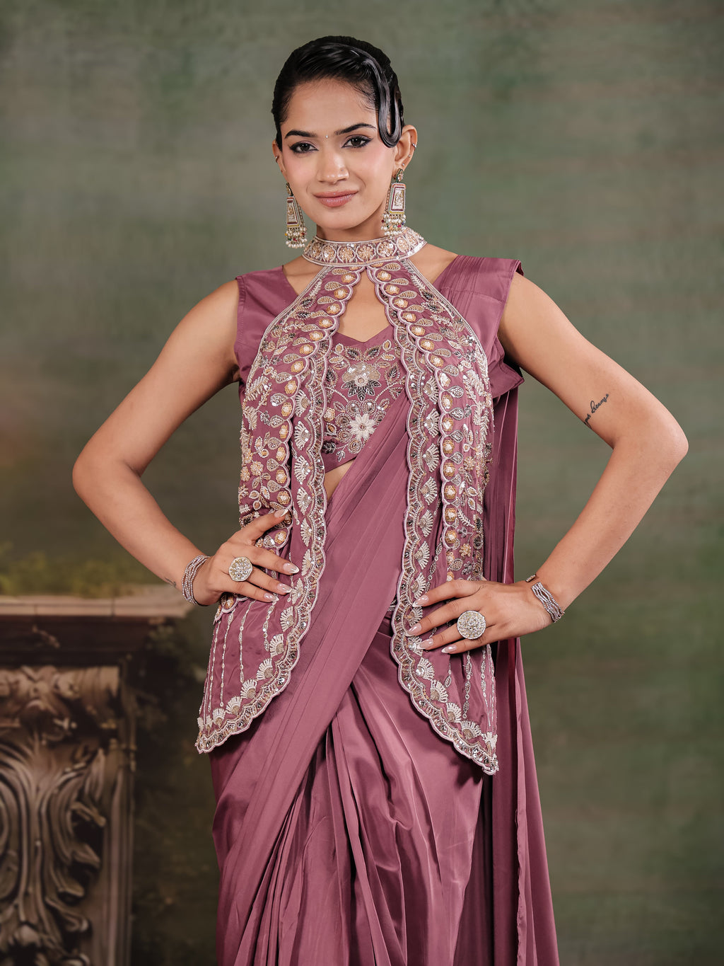 Dusty Mauve Designer Ready-to-Wear Saree with Embroidered Jacket & Sequined Blouse
