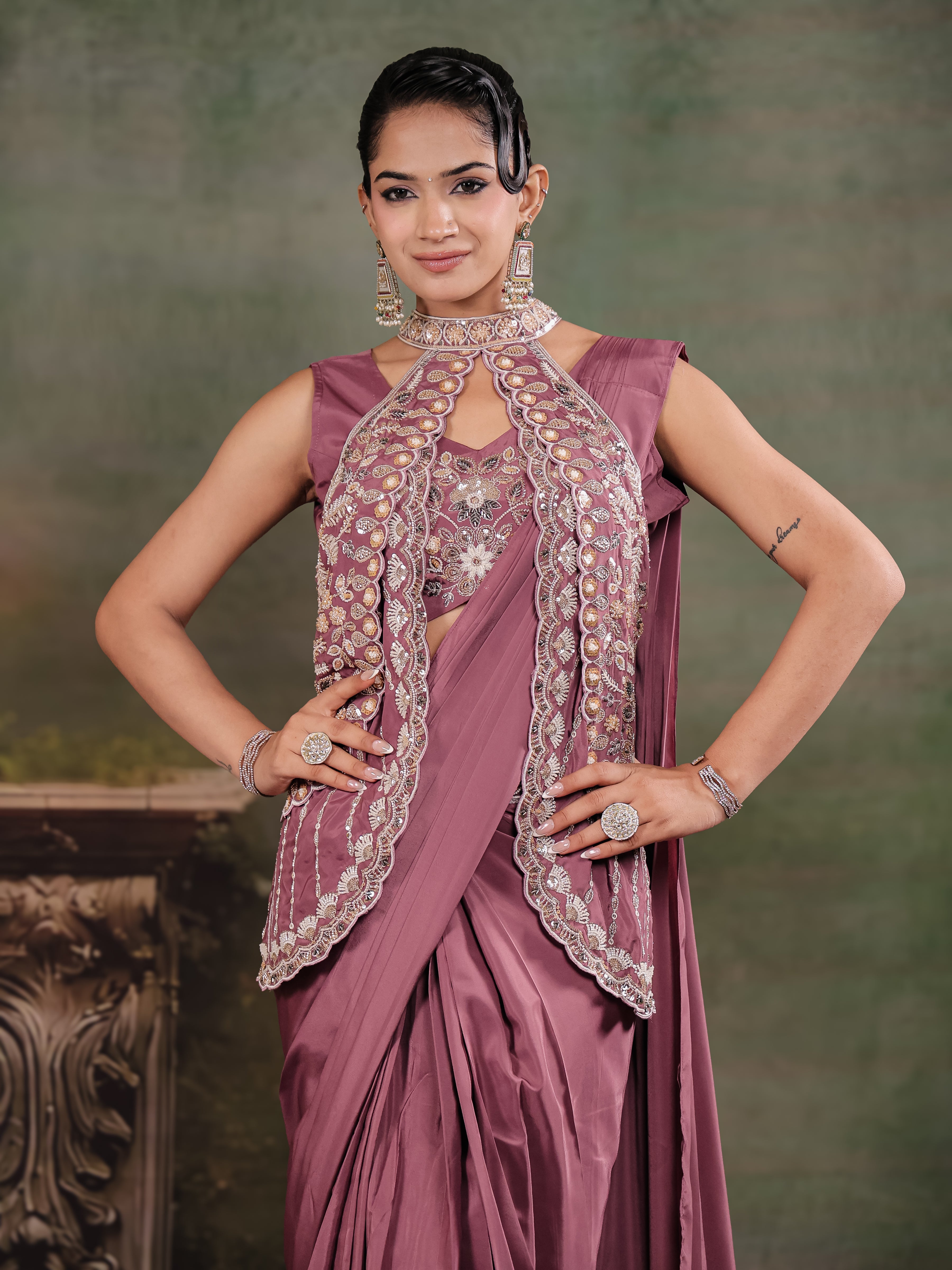 Dusty Mauve Designer Ready-to-Wear Saree with Embroidered Jacket & Sequined Blouse