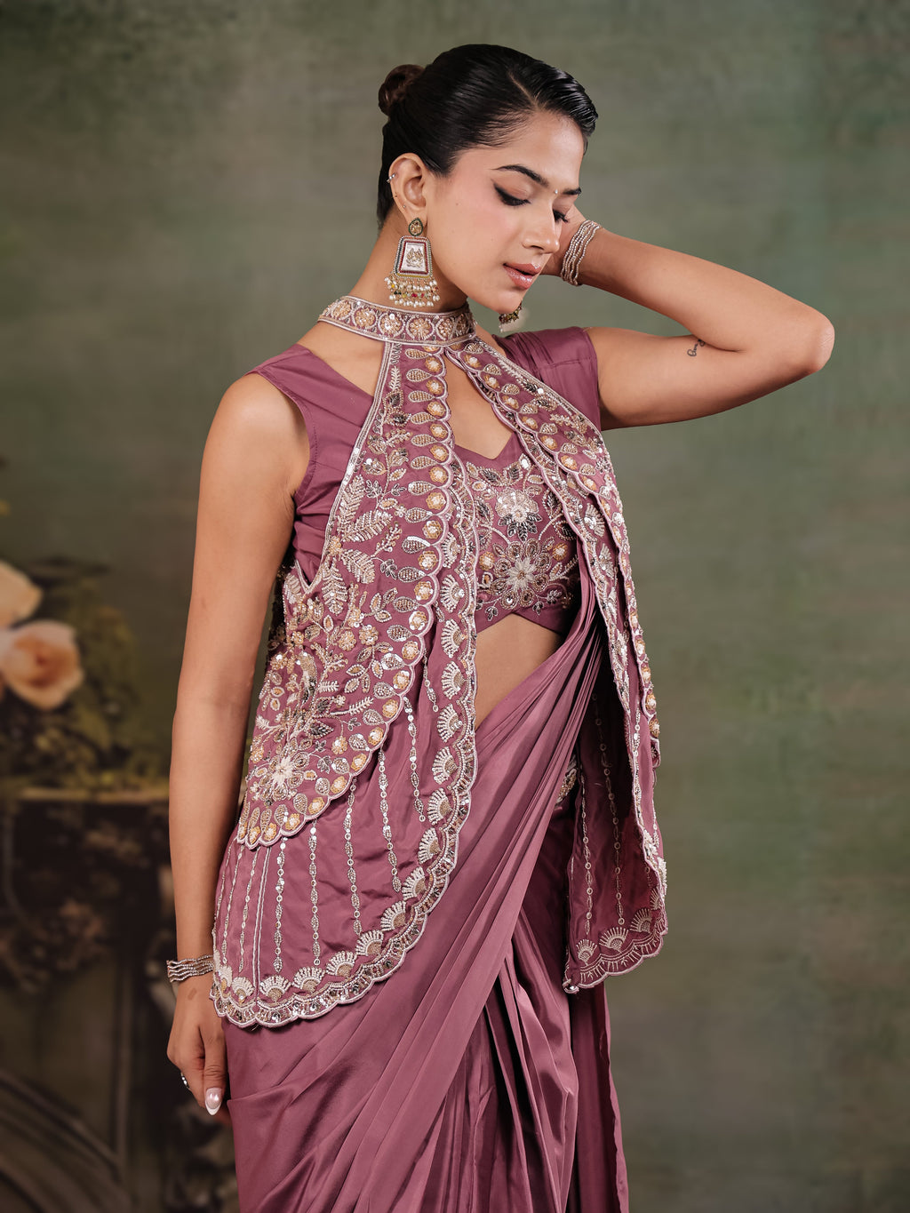 Dusty Mauve Designer Ready-to-Wear Saree with Embroidered Jacket & Sequined Blouse