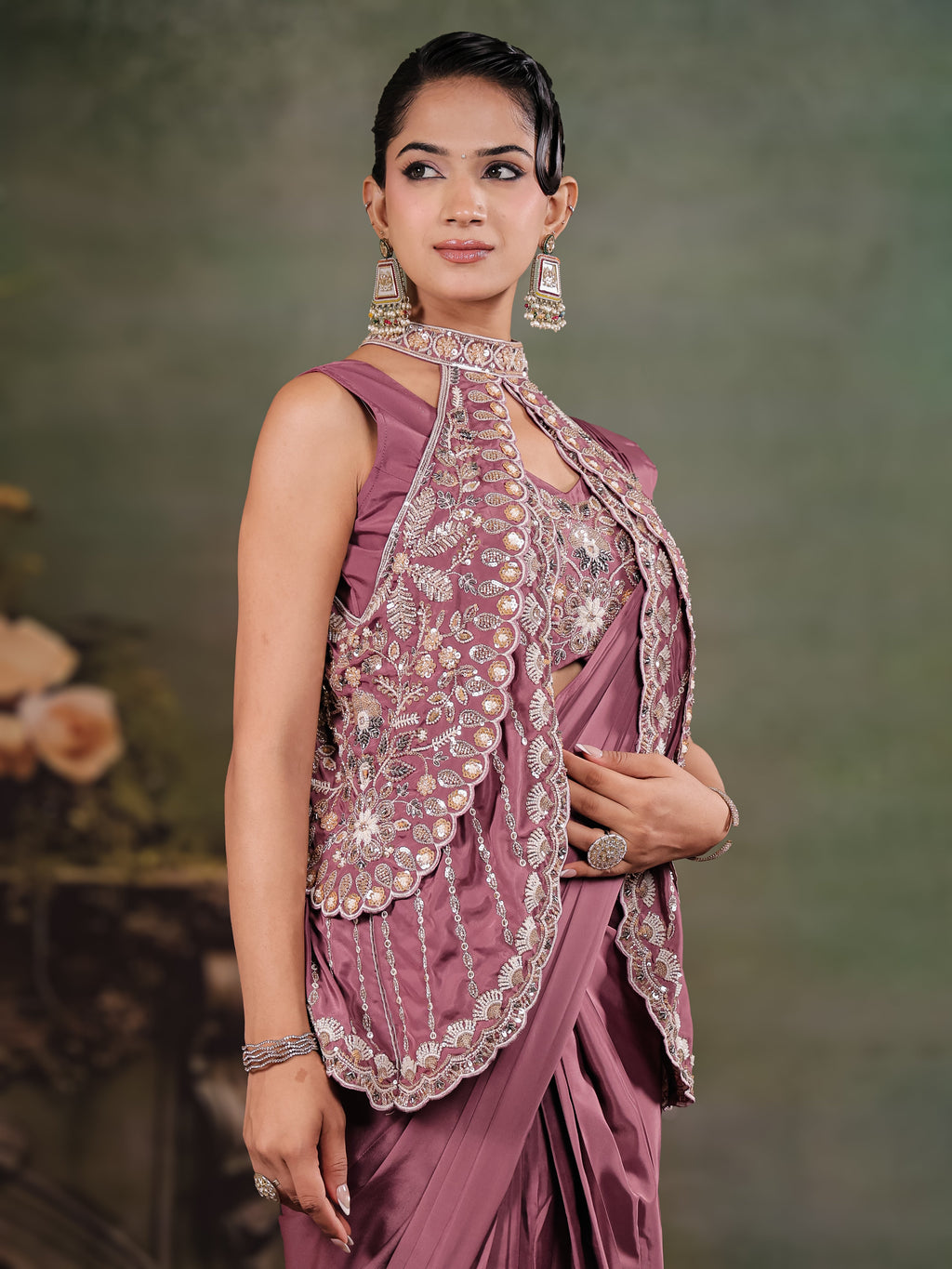 Dusty Mauve Designer Ready-to-Wear Saree with Embroidered Jacket & Sequined Blouse