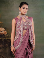 Dusty Mauve Designer Ready-to-Wear Saree with Embroidered Jacket & Sequined Blouse