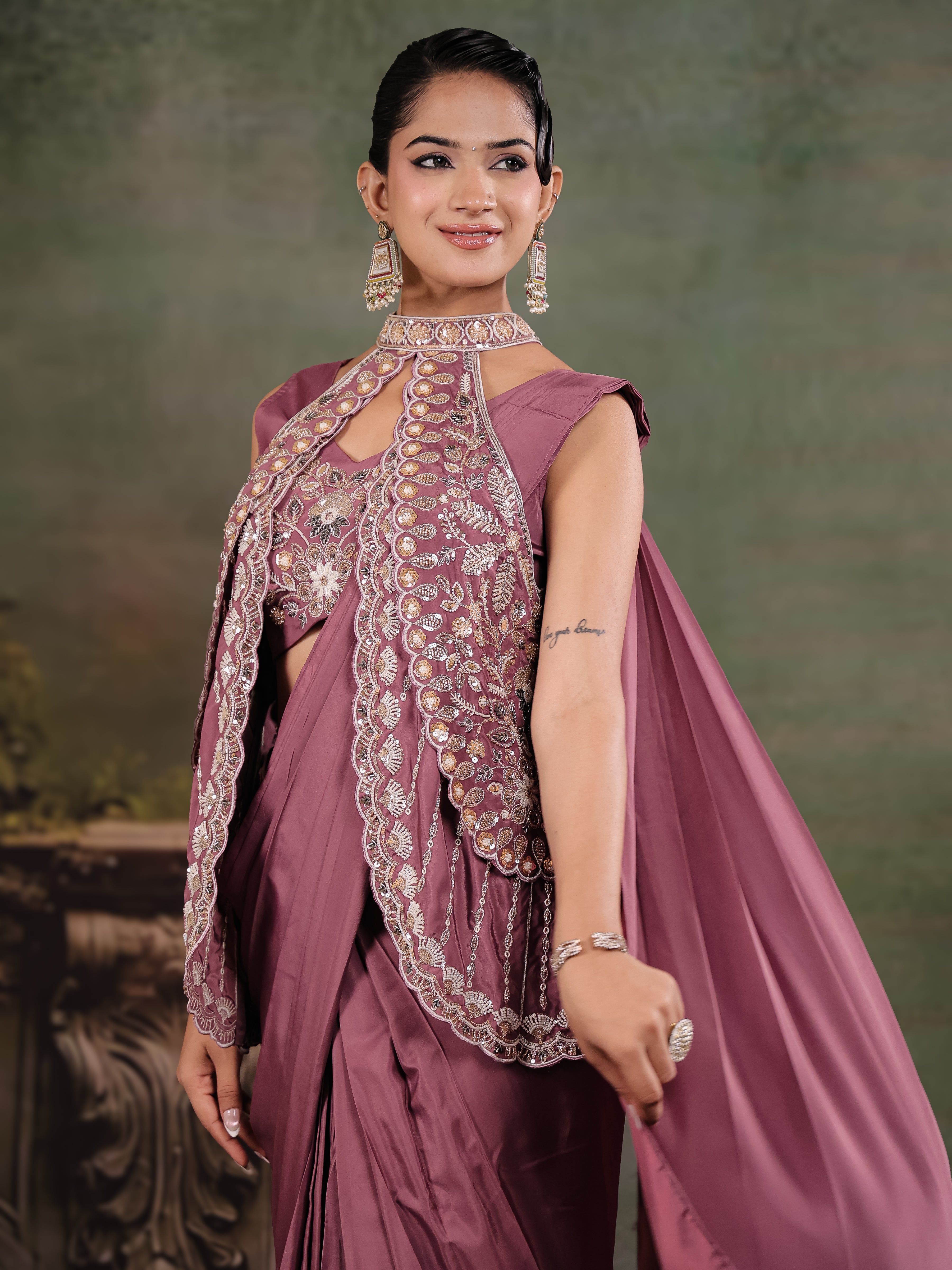 Dusty Mauve Designer Ready-to-Wear Saree with Embroidered Jacket & Sequined Blouse