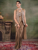 Chocolate Brown Designer Ready-to-Wear Saree with Embroidered Jacket & Sequined Blouse