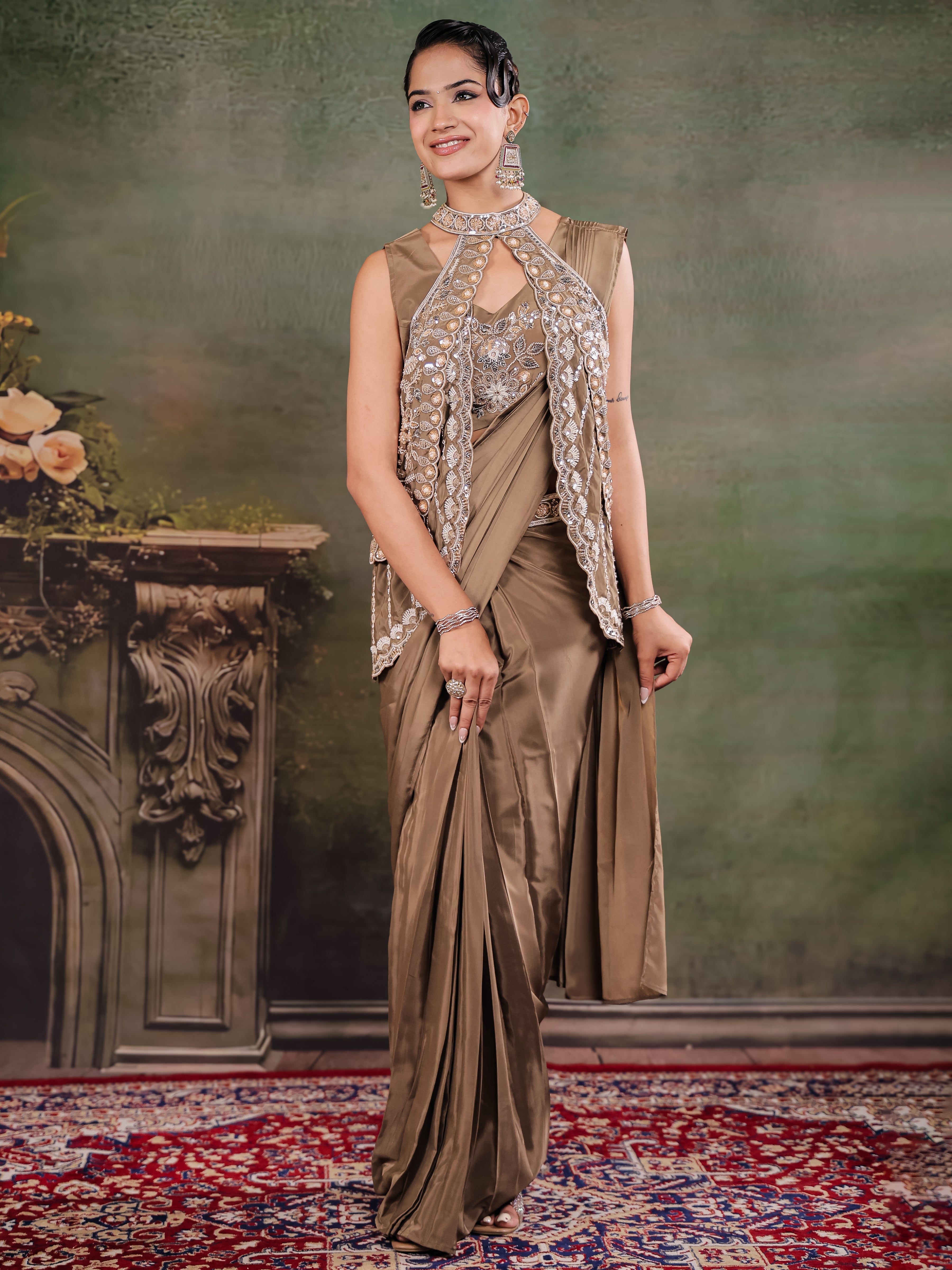 Chocolate Brown Designer Ready-to-Wear Saree with Embroidered Jacket & Sequined Blouse