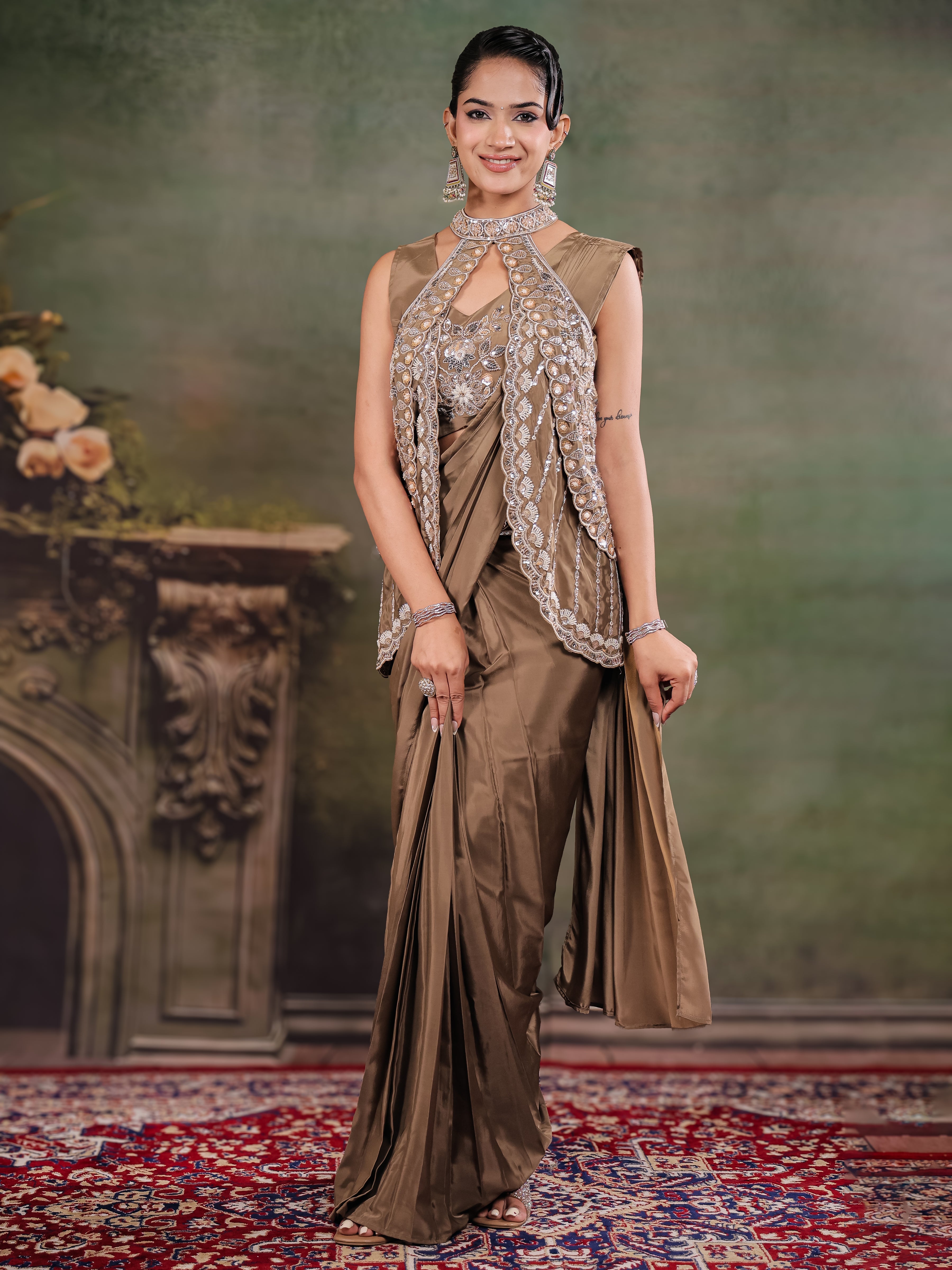 Chocolate Brown Designer Ready-to-Wear Saree with Embroidered Jacket & Sequined Blouse