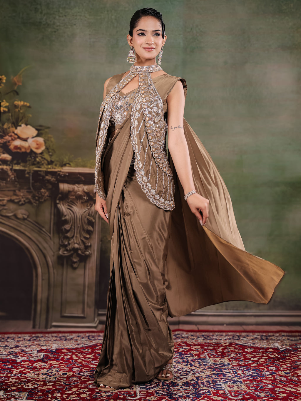 Chocolate Brown Designer Ready-to-Wear Saree with Embroidered Jacket & Sequined Blouse