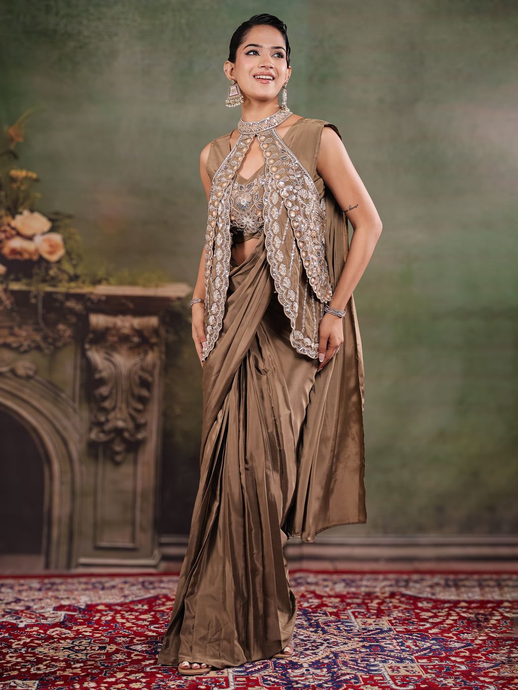 Chocolate Brown Designer Ready-to-Wear Saree with Embroidered Jacket & Sequined Blouse