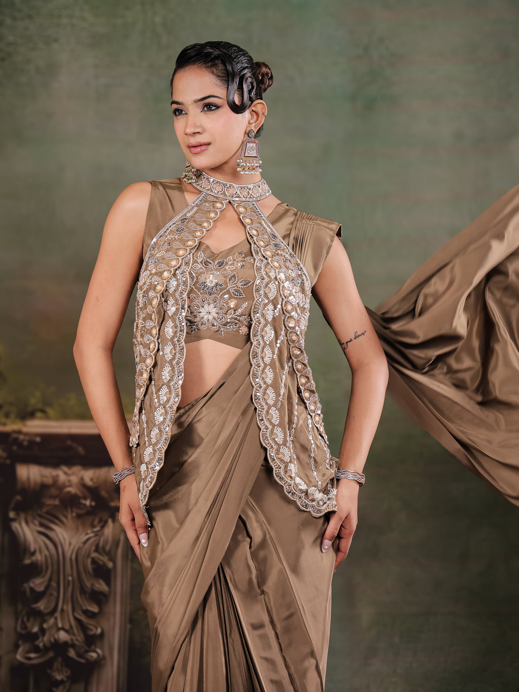 Chocolate Brown Designer Ready-to-Wear Saree with Embroidered Jacket & Sequined Blouse