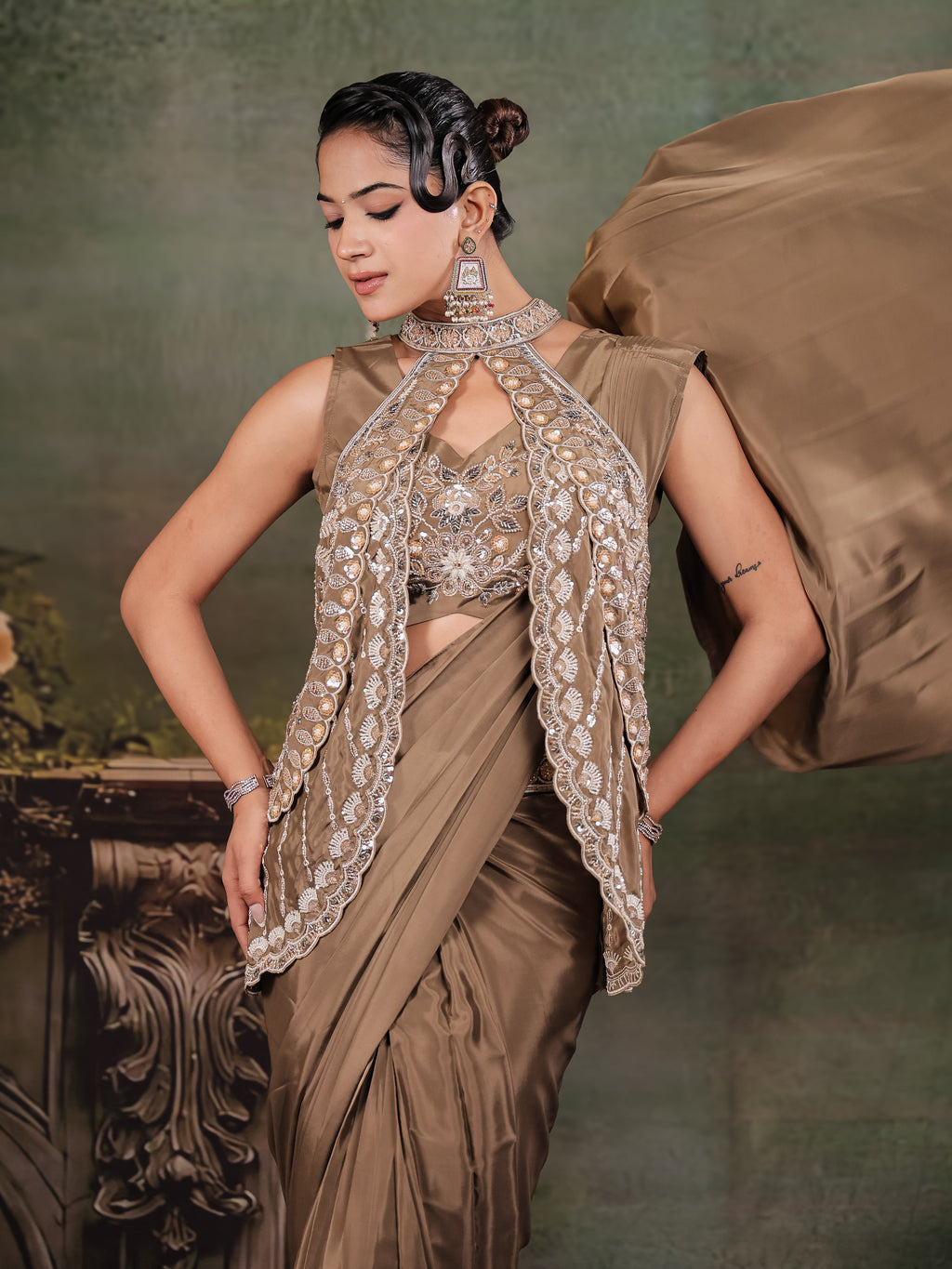 Chocolate Brown Designer Ready-to-Wear Saree with Embroidered Jacket & Sequined Blouse